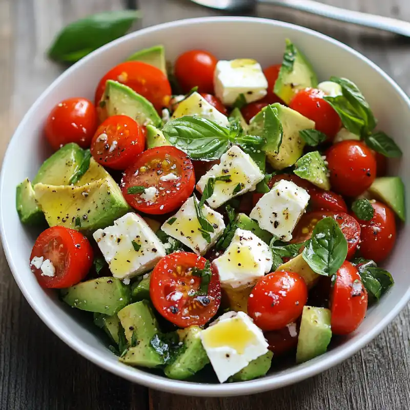 Frischer mediterraner Avocado-Salat mit Feta, Tomaten und Basilikum – ein leichter und köstlicher Genuss!