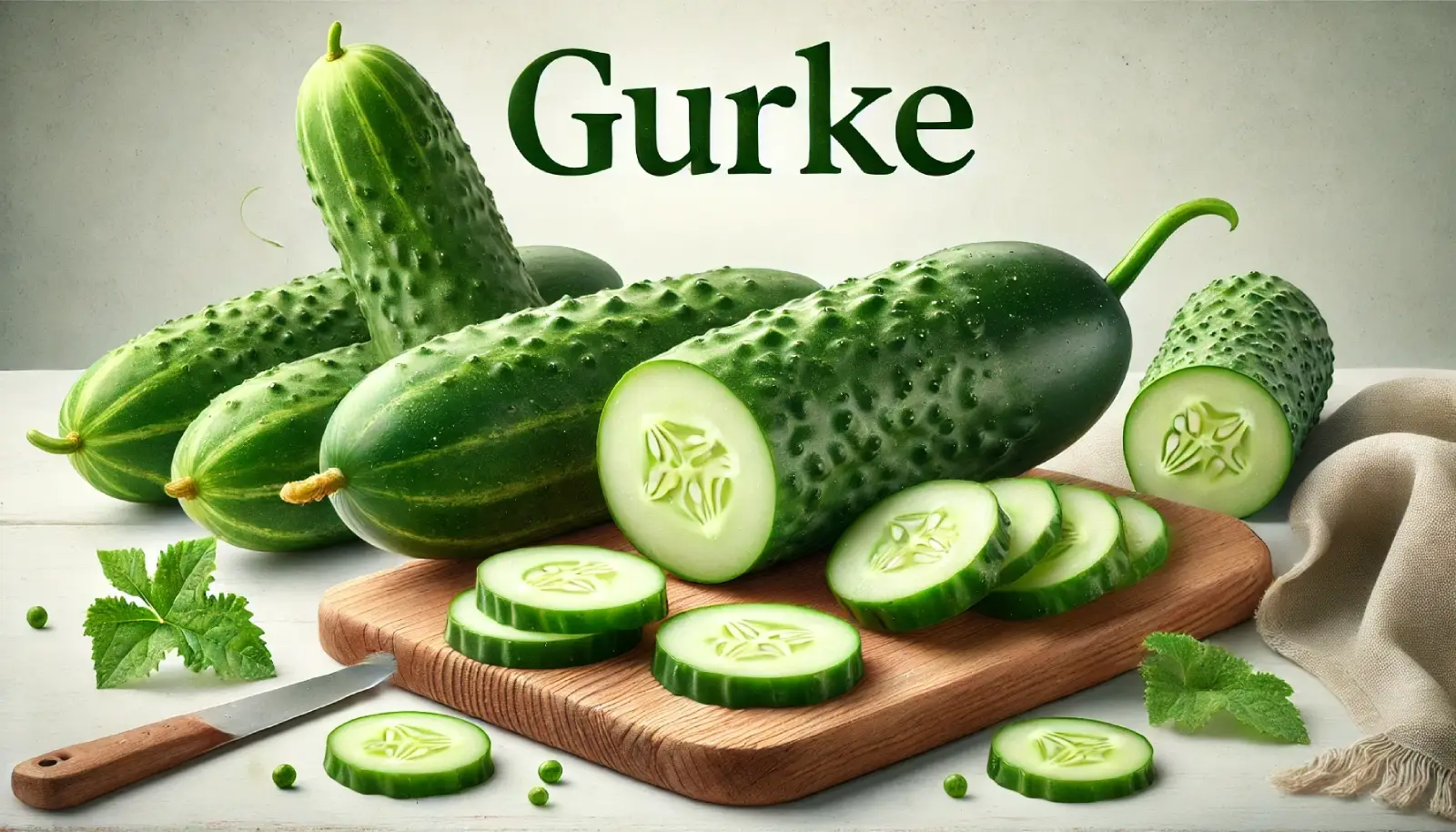 Beitragsbild mit der Aufschrift Gurke. Es sind einige Gurken zu sehen, hübsch dekoriert auf einem Schneidebrett.