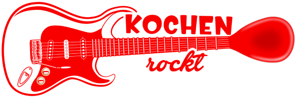 Kochen rockt! Logo. Eine rote Gitarre, deren Kopf die Form eines Kochlöffels hat.