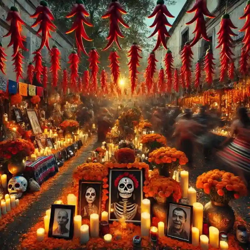 Chiligirlanden beim Tag der Toten (Día de Muertos) in Mexiko am 2. November.