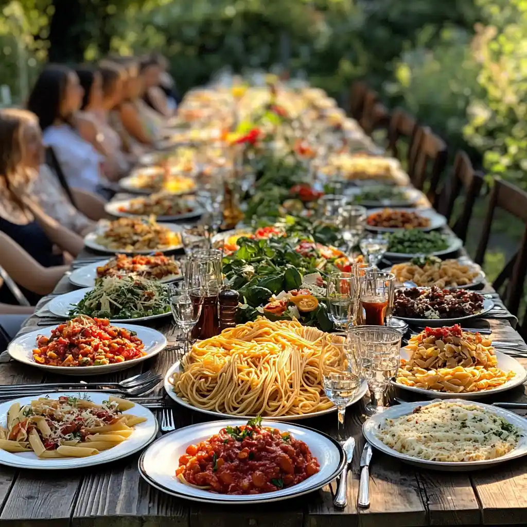 Pasta-Party unter freiem Himmel – Genuss pur mit frischen Zutaten, Olivenöl und mediterranem Flair.