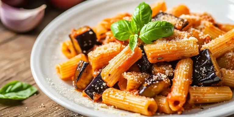 Ein Hauch Sizilien auf deinem Teller: Pasta alla Norma mit gebratenen Auberginen, würziger Tomatensauce und frischem Basilikum – einfach, lecker, perfekt!