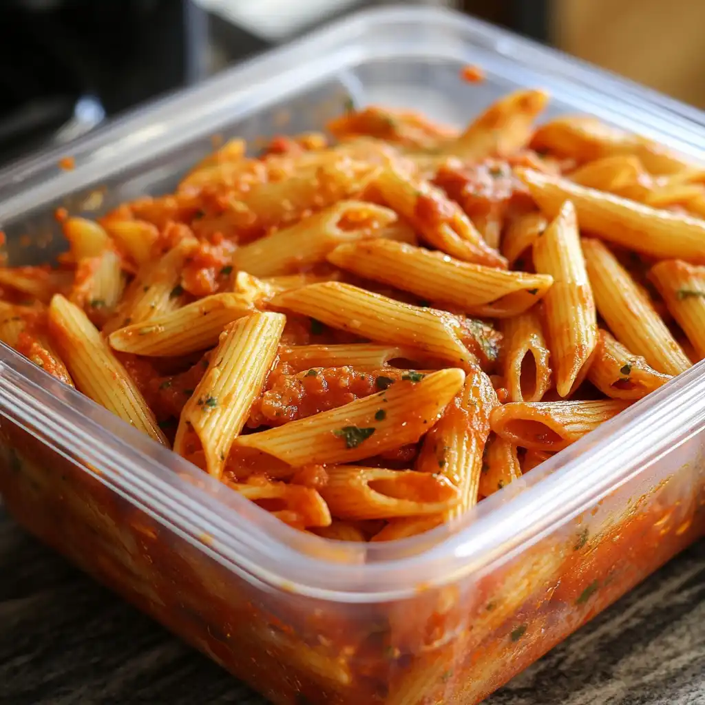 Penne Arrabbiata im Kühlschrank? Kein Problem! Die Sauce schmeckt am nächsten Tag sogar noch besser – einfach aufwärmen und genießen!