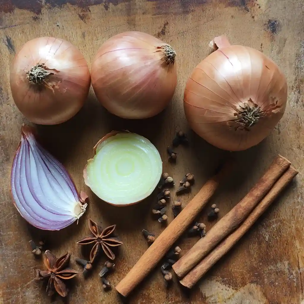 Geröstete Zwiebeln und Ingwer: Die geheimen Stars für eine aromatische Pho Ga Brühe mit tiefem, rauchigem Geschmack.