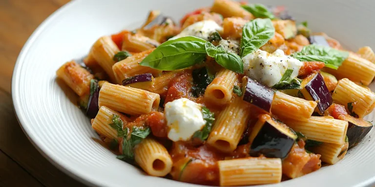 Bunte Pasta mit Gemüse: Frische Aubergine, Zucchino und Paprika vereint in einer würzigen Tomatensoße – der perfekte Genuss in nur 30 Minuten! 🍝🌿