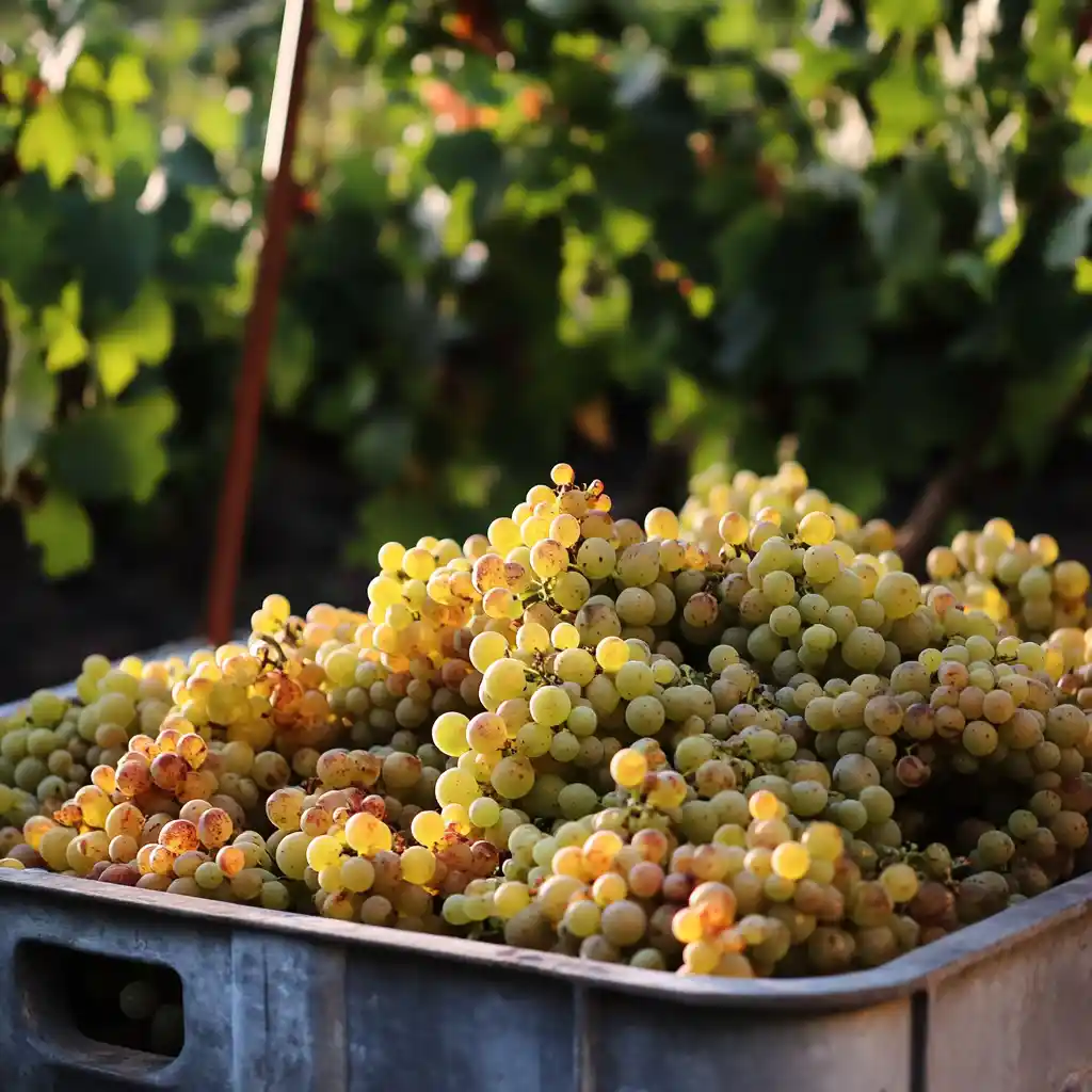 Ernte von Chardonnay-Trauben: Diese hochwertigen weißen Trauben werden sorgfältig gepflückt, um später zu frischen und eleganten Chardonnay-Weißweinen verarbeitet zu werden.