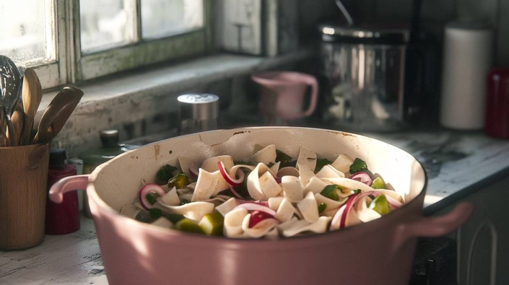 Badischer Wurstsalat rustikal in einer Schüssel angerichtet.